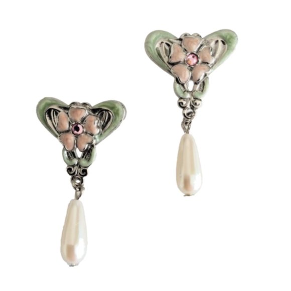 Enameled Floral Pearl Drop Earrings NWOT - Picture 1 of 3